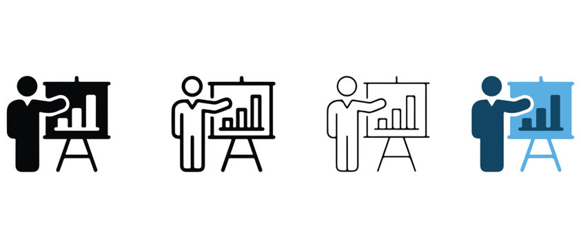  businessmen presenting bar charts on an easel  various colors and line styles used for each icon