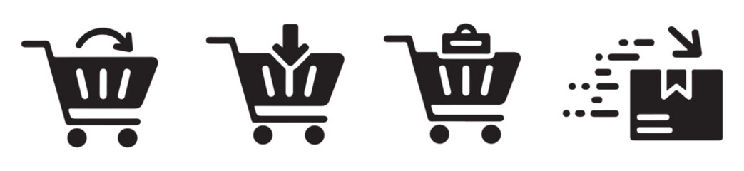 Set of shopping cart icons showing various delivery order return and package processing actions style. © Suraiyajannat
