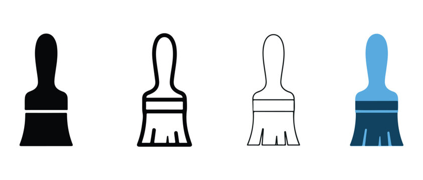 paint brushes icons  black white line art and blue with dark blue bristles for art or painting applications