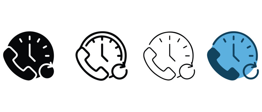 phone and clock icons in black white and blue on white background  combination of time and communication symbols