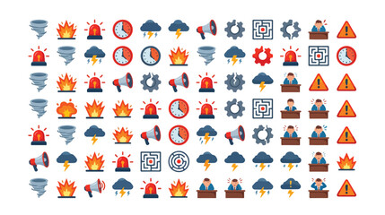Fototapeta premium Emergency alert vector icons, natural disaster and crisis management symbols. Urgent warning, safety, and security graphic elements for digital interfaces.