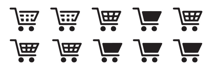 Set of shopping cart icons, collection of black supermarket trolleys, flat design, vector. © Suraiyajannat