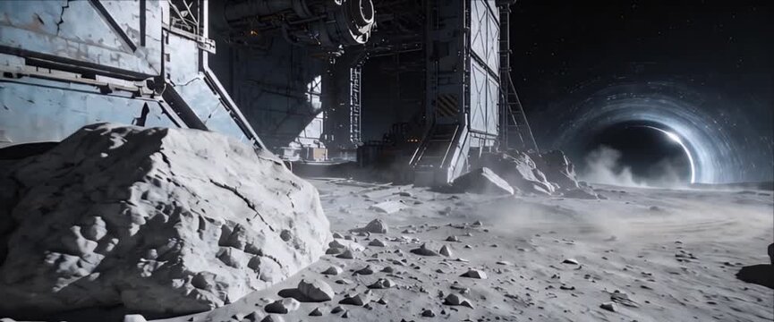Futuristic moon base and space station structure on rocky dust surface with crater tunnel portal, swirling dust landscape, science fiction exploration horizon view
