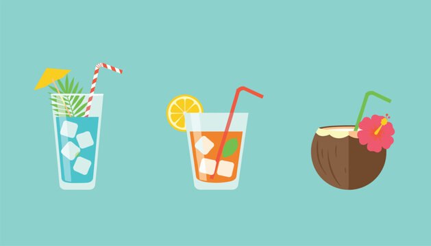 Group of three fresh tropical summer drinks including a blue lagoon cocktail, an iced citrus tea, and a coconut beverage.