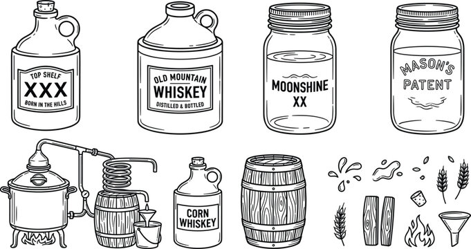 Whiskey moonshine vector set with distillation still alcohol jugs mason jars wooden barrels and corn grain elements.