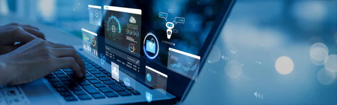 woman analyst uses a computer AI artificial intelligence and dashboard for data business analysis and Data Management System with KPI and metrics connected to the database for technology finance,