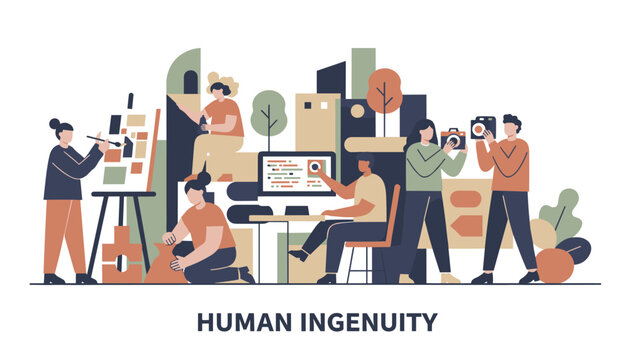 Human ingenuity banner with a team of creative people collaborating in painting, sculpting, programming, and photography.