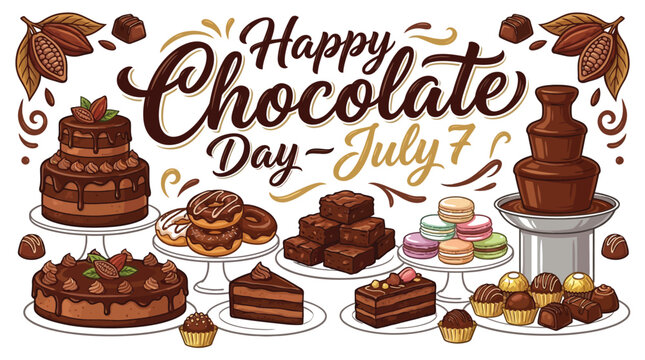 Festive chocolate day vector illustration featuring delicious cakes donuts brownies macarons and a sweet fountain