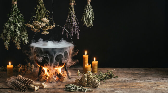 Witch cauldron brewing potion with smoke over fire, candles and dried herbs on rustic wooden table. Spooky Halloween magic banner with copy space