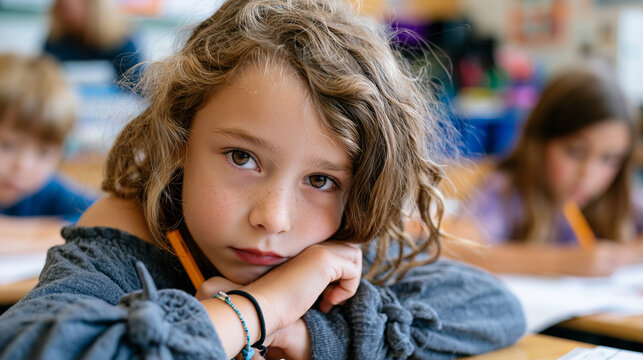 Third-grade classroom midday as intellectually advanced girl finishes math worksheet in ninety seconds and stares at ceiling tiles while classmates still work, teacher unaware, capturing gifted chil