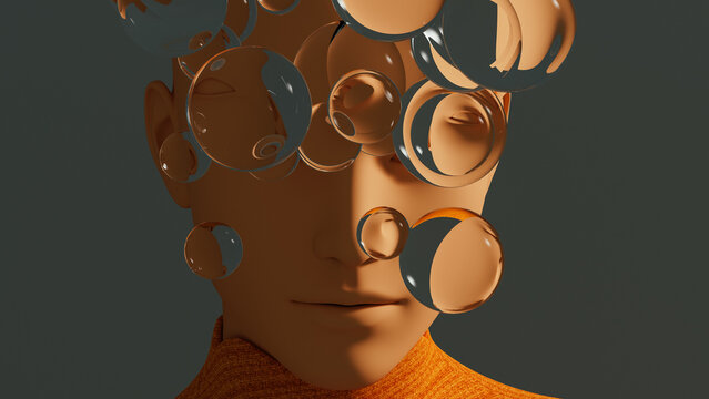 Human face with floating glass sphere in surreal setting