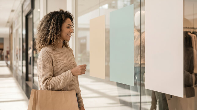 Happy woman looking at blank window display mockups in mall