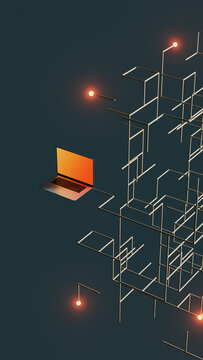 Futuristic data flow cube with a laptop and network elements