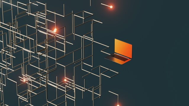 Futuristic data flow cube with a laptop and network elements
