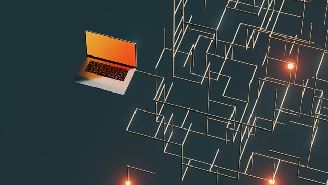 Futuristic data flow cube with a laptop and network elements