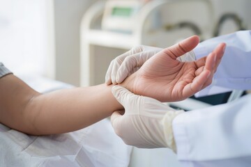 Fototapeta premium Médecin prenant le pouls radial d'un patient lors d'un examen clinique en cabinet médical, consultation de médecine générale et suivi de santé