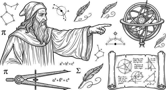 Vintage science vector set with an ancient philosopher, armillary sphere, geometry scroll, mathematical dividers, and astronomy elements.