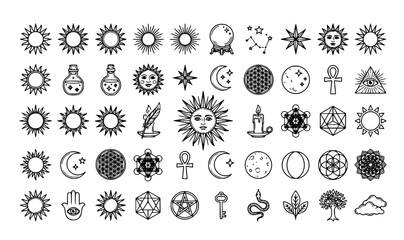 Solar esoteric symbols and celestial magic icons line art vector set EPS 10 © Md Monirul