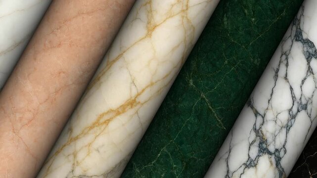 Graceful rotation of columns carved from premium marble featuring rich natural patterns polished texture and enduring architectural elegance