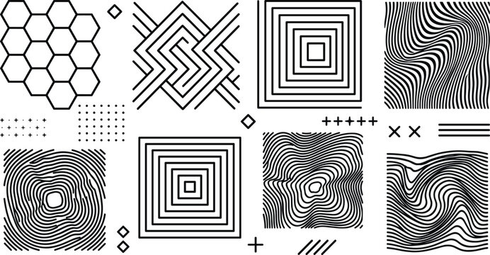 Abstract geometric pattern vector set with optical illusions, wavy lines, concentric squares, honeycombs, and textured design elements.
