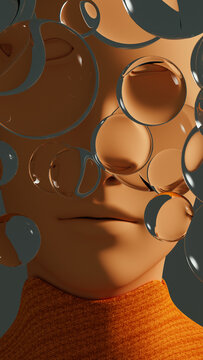 Human face with floating glass sphere in surreal setting