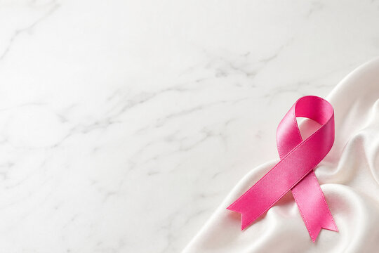 La&ccedil;o de cetim rosa sobre fundo de m&aacute;rmore branco com amplo espa&ccedil;o para texto - Conceito de conscientiza&ccedil;&atilde;o sobre o c&acirc;ncer de mama, cuidado e preven&ccedil;&atilde;o.