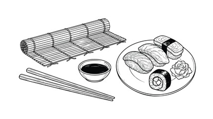 Black and White Hand Drawn Sushi and Rolling Mat Illustration © Rafia