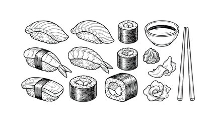 Sushi and Maki Roll Engraving Set with Soy Sauce and Chopsticks Vector © Rafia
