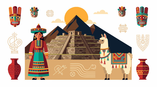 Andean culture and wildlife illustration with llama and Inca ruins