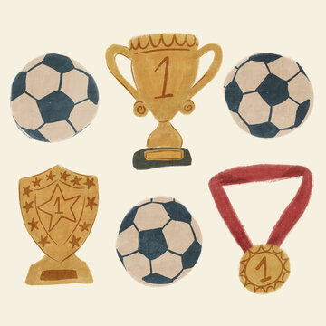 Hand drawn footballs with medal, trophy and shield 