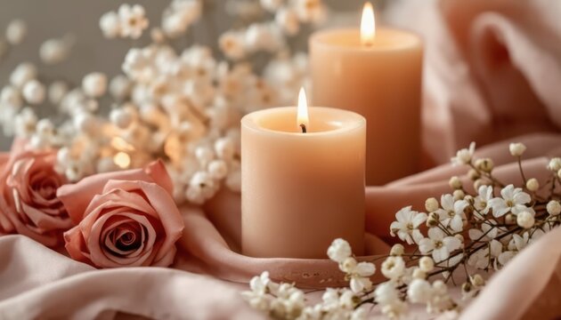 Two elegant beige candles surrounded by soft pink roses and babys breath