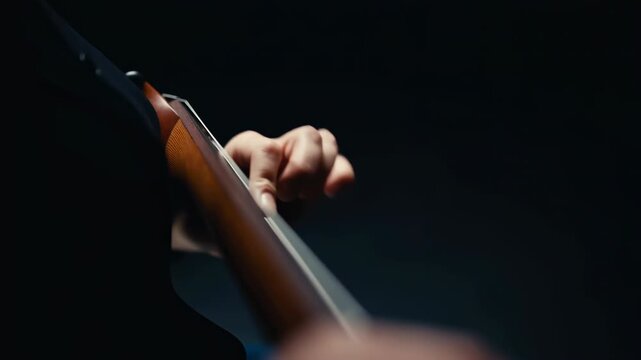 Close view of hand adjusting metal receiver on polished wooden gun stock in low-key studio lighting, showing careful grip, fine surface detail, strong contrast, and precise tactile control