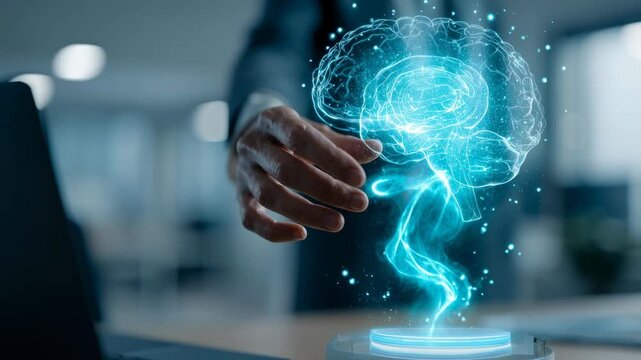 Hand reaching toward glowing digital brain
