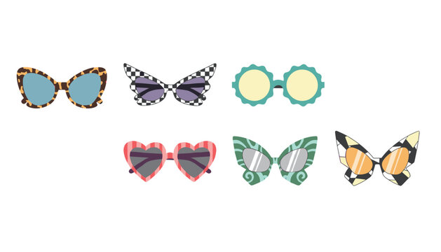 Six pairs of trendy sunglasses with unique patterned frames including heart shape, leopard print, and butterfly design.