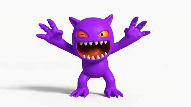 Purple monster with sharp teeth standing.