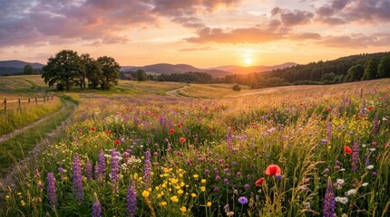 Obraz premium Vibrant Wildflower Meadow Sunset, Colorful Blossoms Across Rolling Hills, Serene Rural Landscape, Golden Hour Nature Beauty.