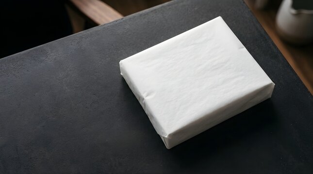 Square stack of white paper napkins on dark textured stone surface for dining table setting, clean surface, folded tissue