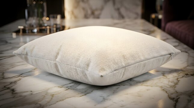 Square textured decorative pillow with shimmering white sequins resting on a luxurious polished marble coffee table