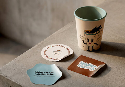 Sticker Mockup Set with Coffee Cup on Concrete Surface