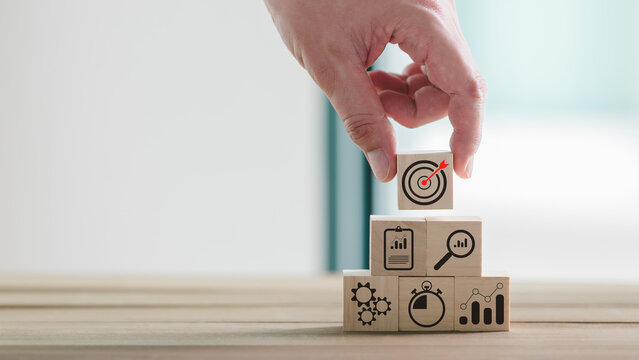 Business strategy planning with target goal, performance analytics, project management, process optimization, KPI tracking, productivity improvement, and business growth for successful execution.