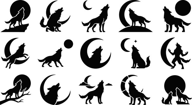 Collection of 15 black silhouette wolf icons howling at the moon in various poses and lunar phases
