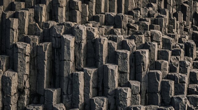 Close-up view of dark grey hexagonal basalt columns forming a natural geometric pattern on a cliff face, showcasing intricate geological formations and textures.