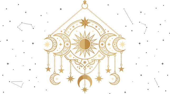 Golden celestial sun and triple moon hanging amulet design with stars constellations on isolated white background graphic element