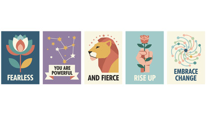 Naklejka premium Set of inspiring motivational cards with positive quotes, featuring a lotus flower, stars, lion, rose, and spiral.