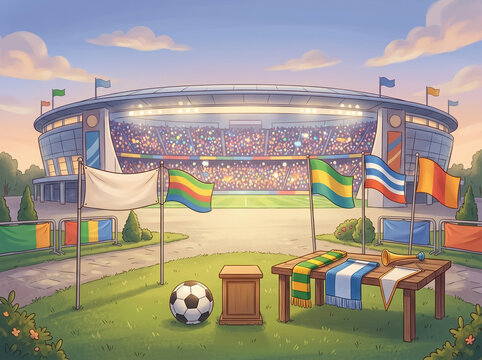 Colorful cartoon training pitch with soccer ball and flags