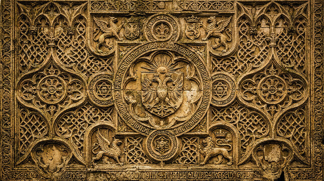 Ancient gothic stone carving with heraldic symbols and intricate patterns in warm tones.