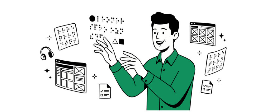 UX designer developing accessible interface wireframe layout on screen, male web developer coding and creating digital platform usability experience, flat vector illustration concept of technology.