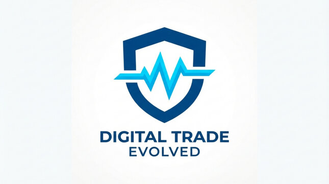 Digital trade evolved shield logo with pulse graph line representing secure financial growth and modern fintech investment solutions for business branding