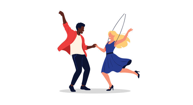 Energetic young couple performing a lindy hop or swing dance move with fluid motion and happy expressions on a white background.