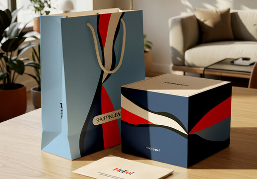 Shopping Bag and Box Branding Mockup Set on Wooden Table